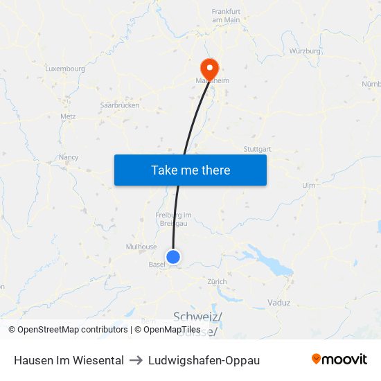 Hausen Im Wiesental to Ludwigshafen-Oppau map
