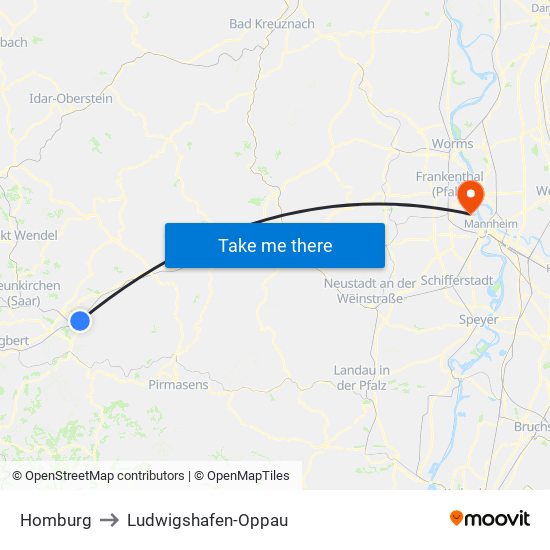 Homburg to Ludwigshafen-Oppau map