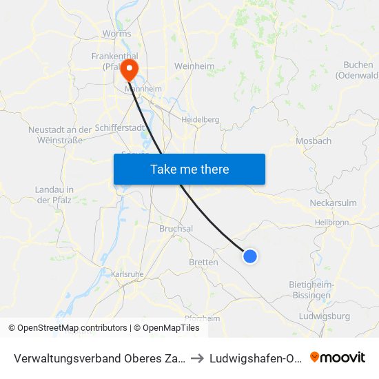 Verwaltungsverband Oberes Zabergäu to Ludwigshafen-Oppau map