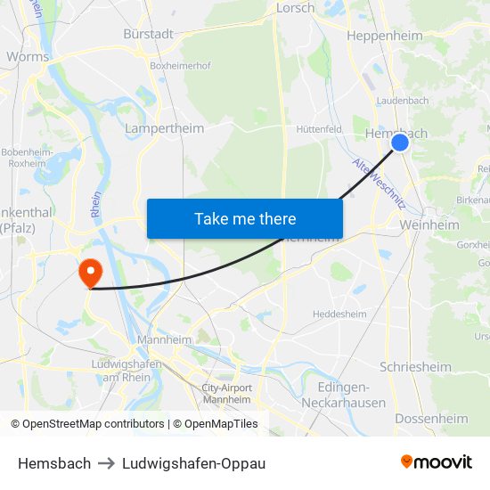 Hemsbach to Ludwigshafen-Oppau map