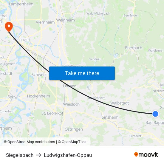 Siegelsbach to Ludwigshafen-Oppau map