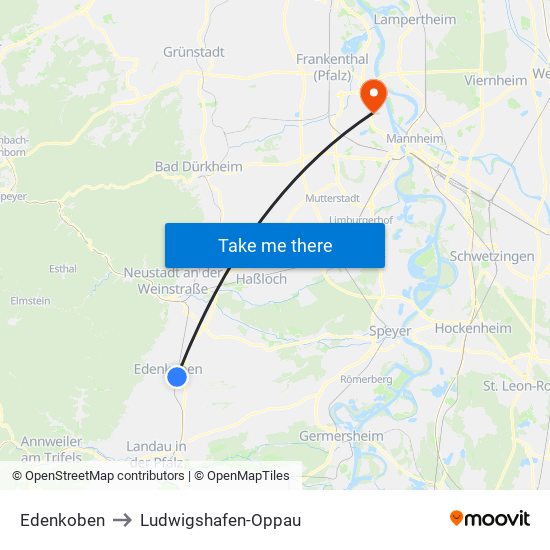 Edenkoben to Ludwigshafen-Oppau map