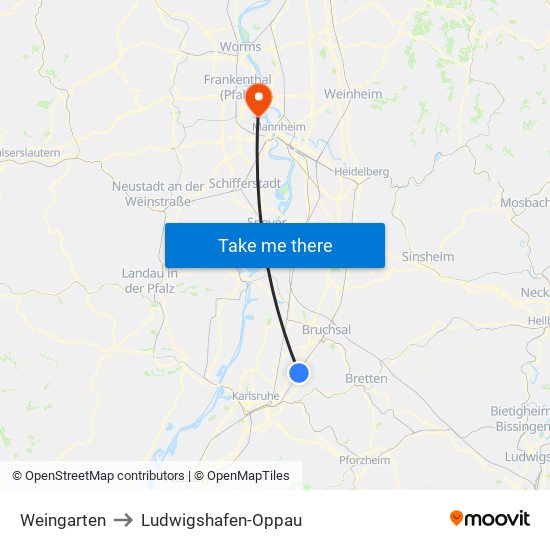 Weingarten to Ludwigshafen-Oppau map