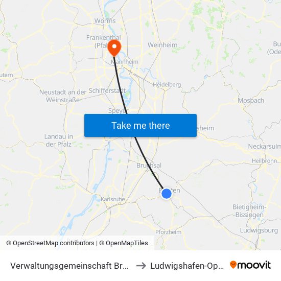 Verwaltungsgemeinschaft Bretten to Ludwigshafen-Oppau map