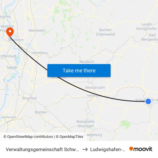 Verwaltungsgemeinschaft Schwäbisch Hall to Ludwigshafen-Oppau map