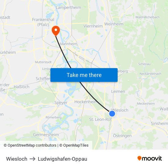 Wiesloch to Ludwigshafen-Oppau map