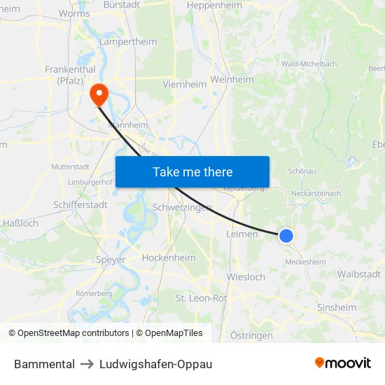 Bammental to Ludwigshafen-Oppau map