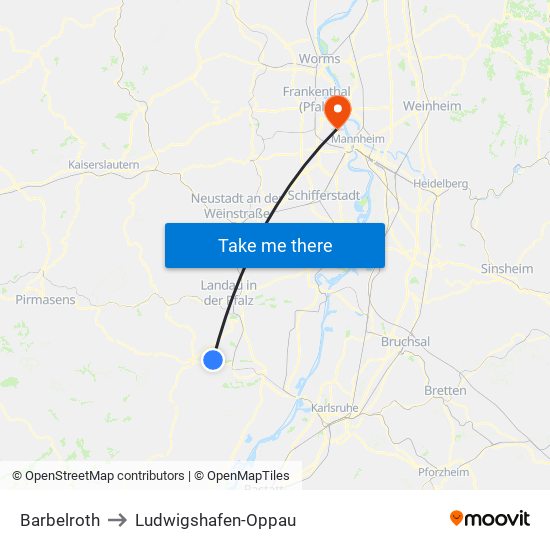 Barbelroth to Ludwigshafen-Oppau map