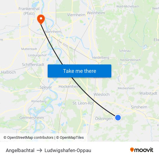 Angelbachtal to Ludwigshafen-Oppau map