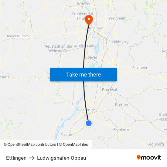 Ettlingen to Ludwigshafen-Oppau map
