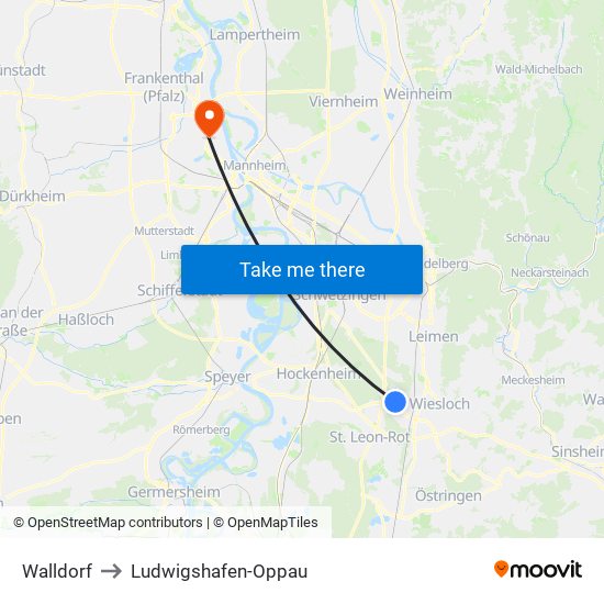 Walldorf to Ludwigshafen-Oppau map