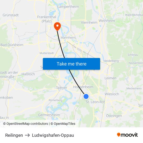 Reilingen to Ludwigshafen-Oppau map