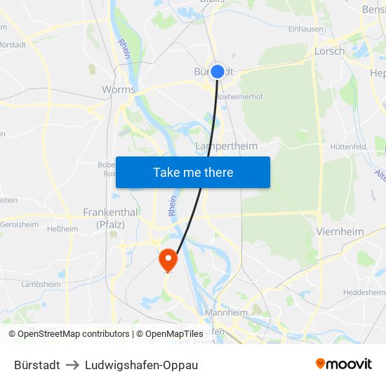 Bürstadt to Ludwigshafen-Oppau map