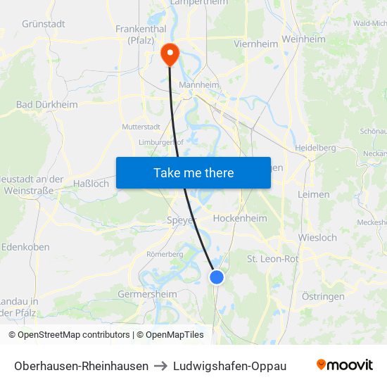 Oberhausen-Rheinhausen to Ludwigshafen-Oppau map
