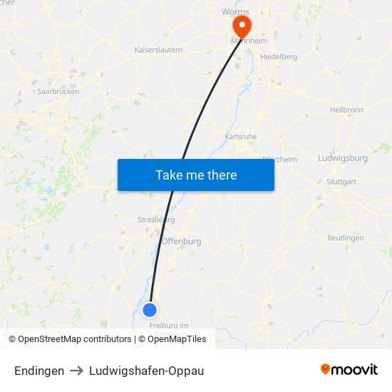 Endingen to Ludwigshafen-Oppau map