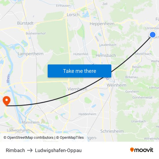 Rimbach to Ludwigshafen-Oppau map