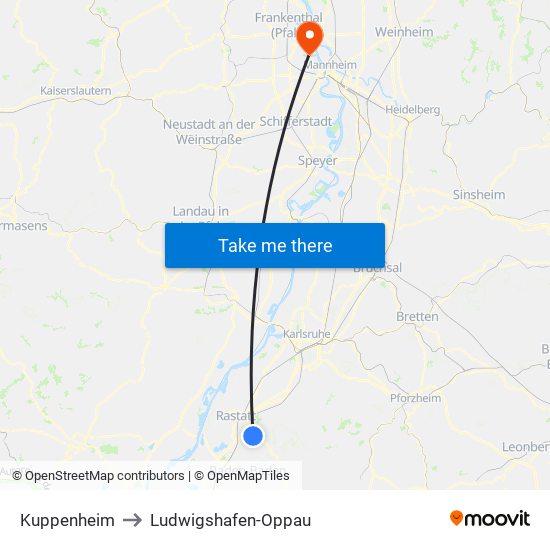 Kuppenheim to Ludwigshafen-Oppau map