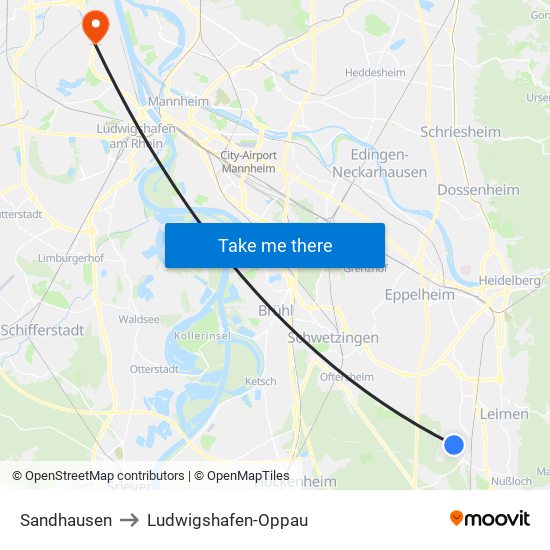 Sandhausen to Ludwigshafen-Oppau map