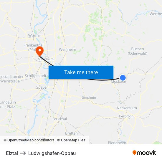 Elztal to Ludwigshafen-Oppau map