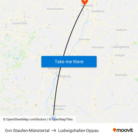 Gvv Staufen-Münstertal to Ludwigshafen-Oppau map