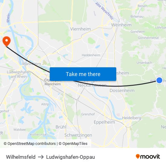 Wilhelmsfeld to Ludwigshafen-Oppau map