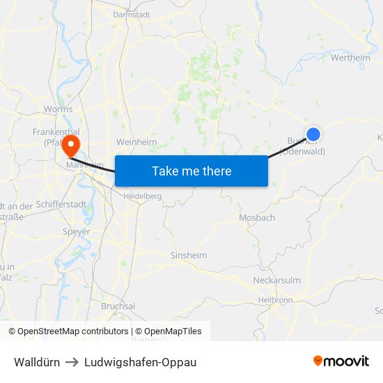 Walldürn to Ludwigshafen-Oppau map