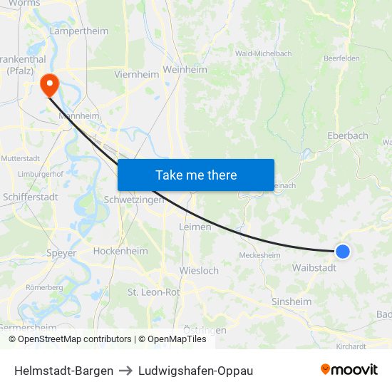 Helmstadt-Bargen to Ludwigshafen-Oppau map