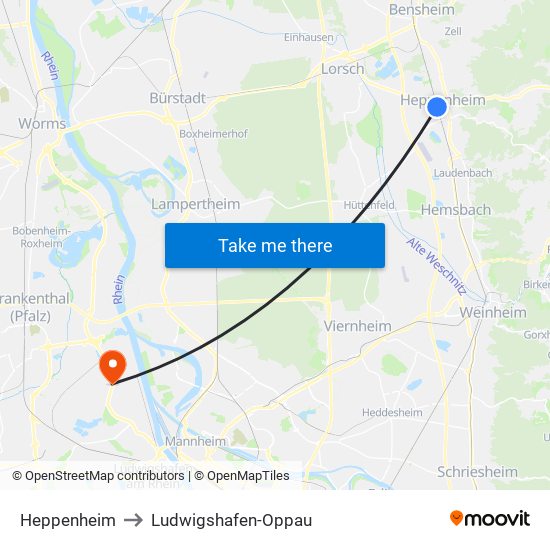 Heppenheim to Ludwigshafen-Oppau map