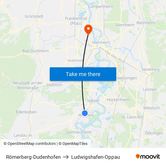 Römerberg-Dudenhofen to Ludwigshafen-Oppau map
