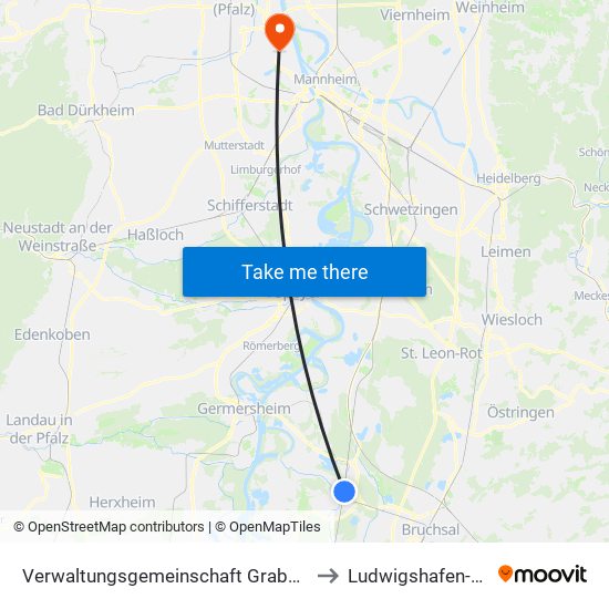 Verwaltungsgemeinschaft Graben-Neudorf to Ludwigshafen-Oppau map