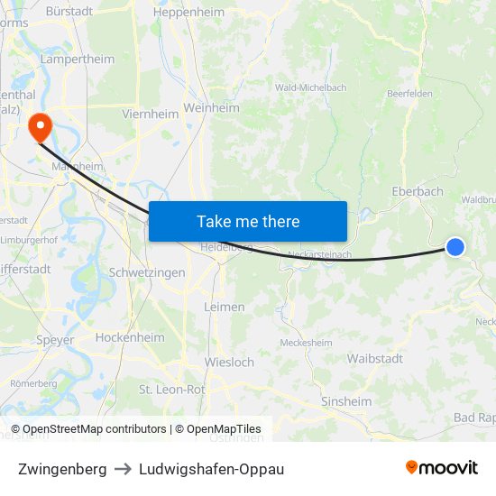 Zwingenberg to Ludwigshafen-Oppau map