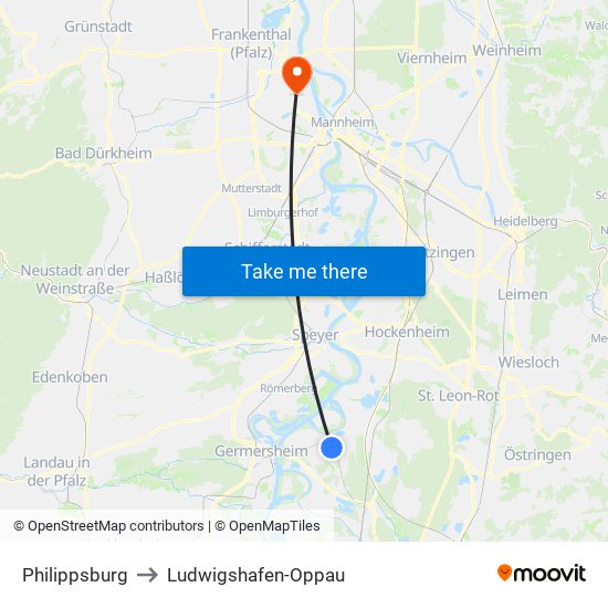 Philippsburg to Ludwigshafen-Oppau map