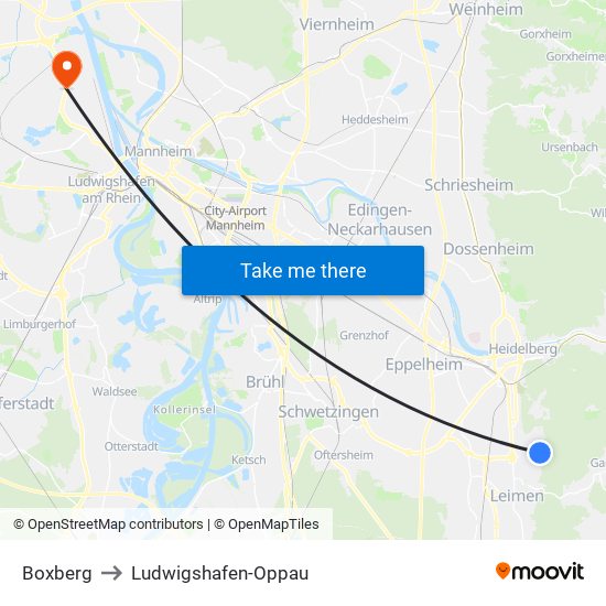 Boxberg to Ludwigshafen-Oppau map