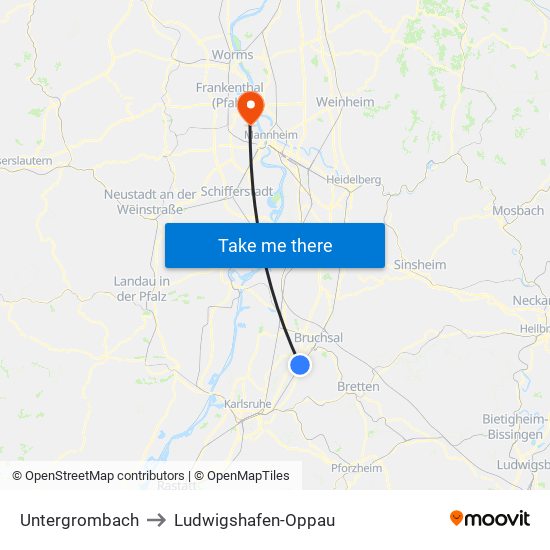 Untergrombach to Ludwigshafen-Oppau map