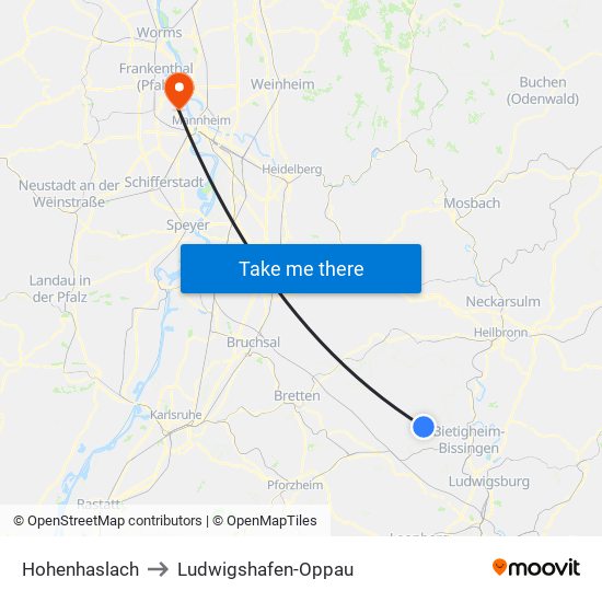 Hohenhaslach to Ludwigshafen-Oppau map