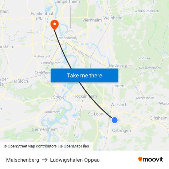 Malschenberg to Ludwigshafen-Oppau map