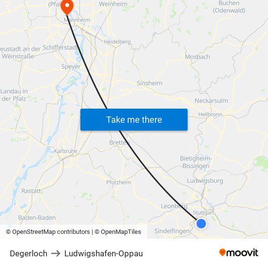 Degerloch to Ludwigshafen-Oppau map