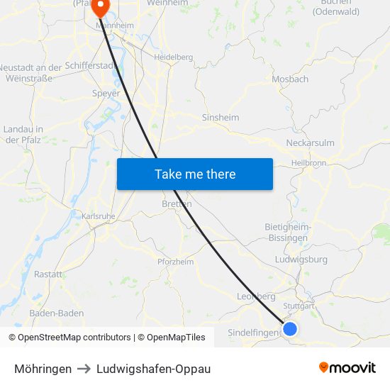 Möhringen to Ludwigshafen-Oppau map