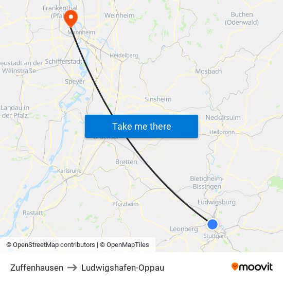 Zuffenhausen to Ludwigshafen-Oppau map