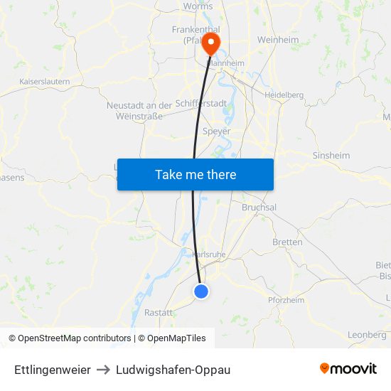 Ettlingenweier to Ludwigshafen-Oppau map