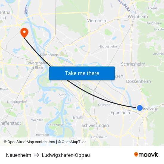 Neuenheim to Ludwigshafen-Oppau map