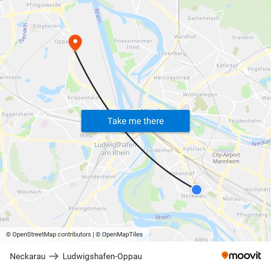 Neckarau to Ludwigshafen-Oppau map