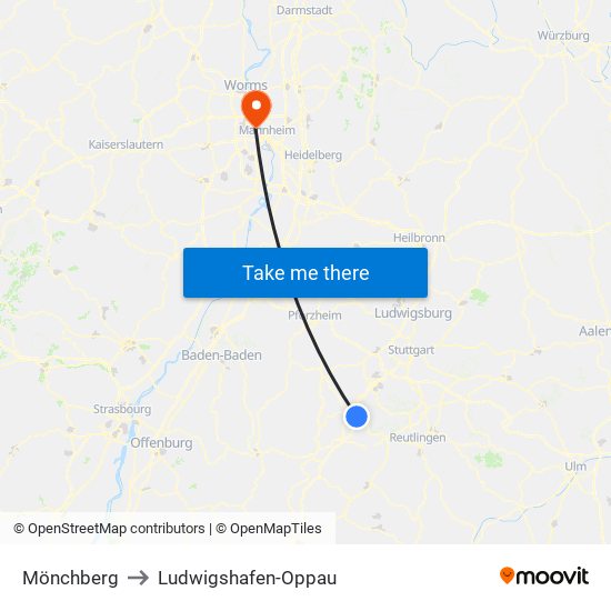 Mönchberg to Ludwigshafen-Oppau map