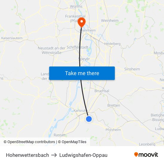 Hohenwettersbach to Ludwigshafen-Oppau map