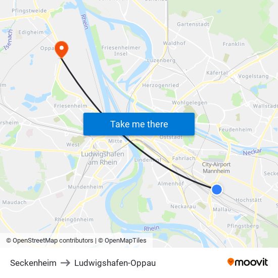 Seckenheim to Ludwigshafen-Oppau map