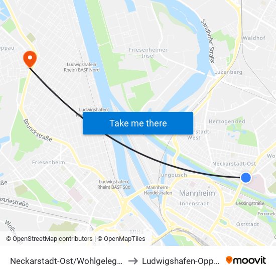 Neckarstadt-Ost/Wohlgelegen to Ludwigshafen-Oppau map
