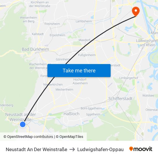 Neustadt An Der Weinstraße to Ludwigshafen-Oppau map