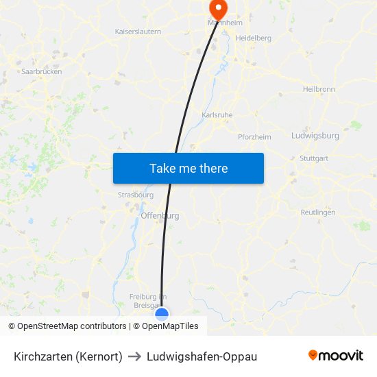 Kirchzarten (Kernort) to Ludwigshafen-Oppau map