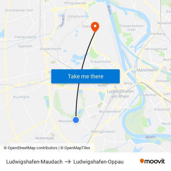 Ludwigshafen-Maudach to Ludwigshafen-Oppau map