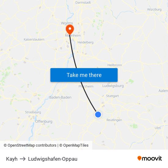 Kayh to Ludwigshafen-Oppau map